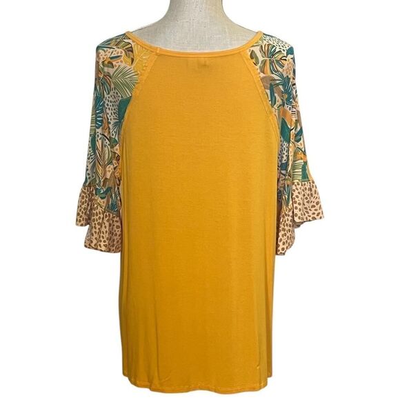 Cato Large Yellow V Neck Elbow Ruffle Sleeve Front Twist Tropical Leopard Sleeve - Picture 4 of 7